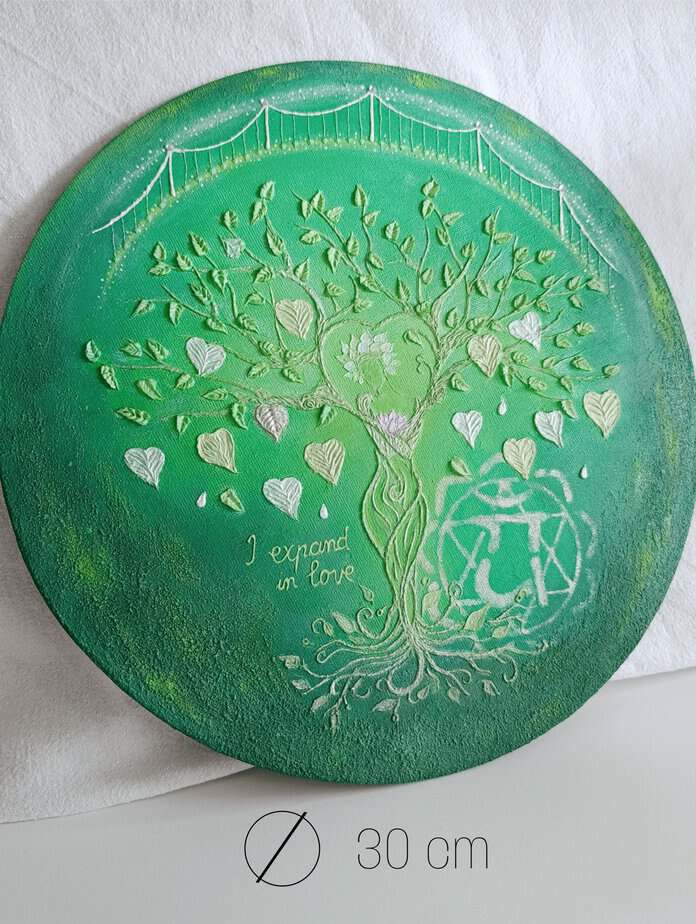 Original 3D Anahata chakra artwork with textured mantra "I Expand in Love"