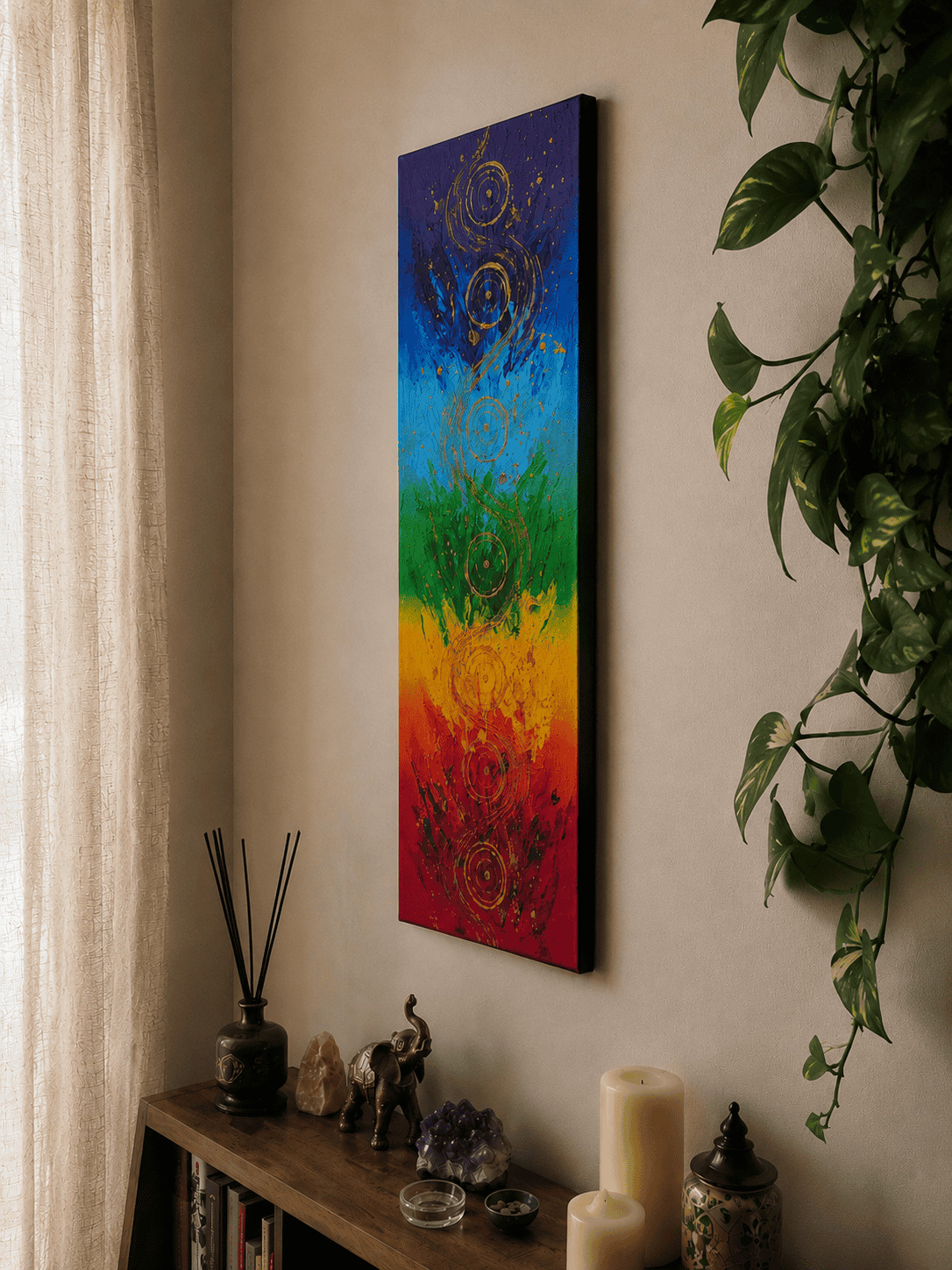 Chakra Flow - Apstraktna slika sedam čakri u duginim bojama sa zlatnim spiralama, originalni akril na platnu dimenzija 20 × 60 cm, side view.
