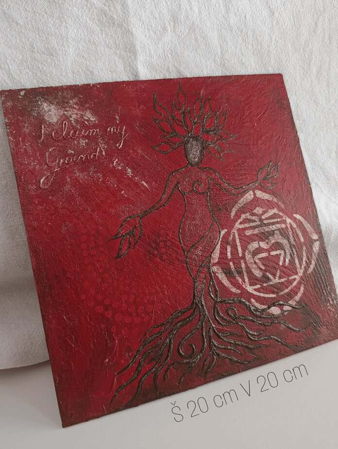 Original 3D Muladhara chakra artwork with textured mantra "I Claim My Ground"