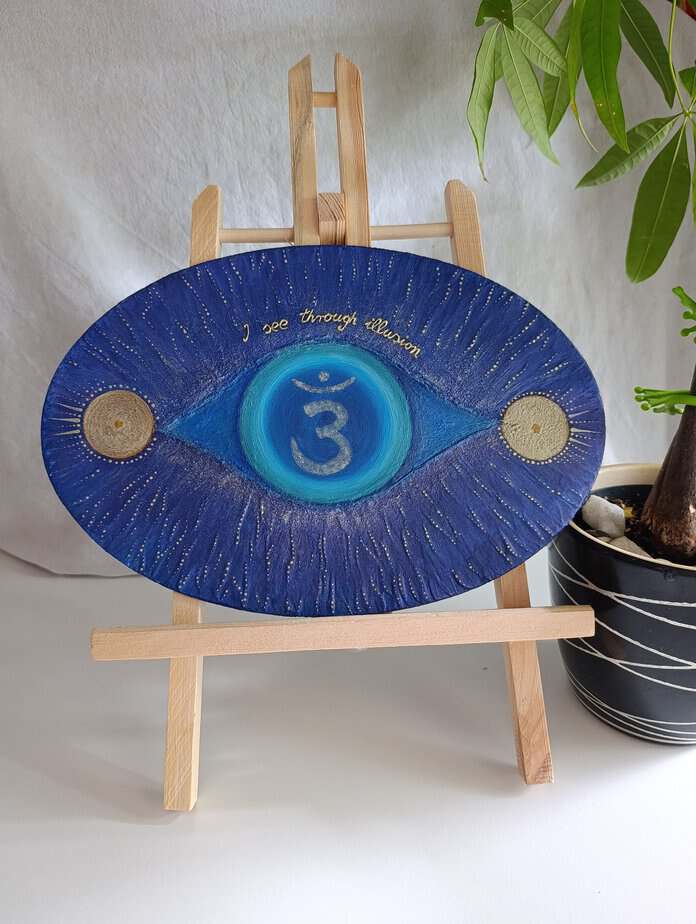 Original 3D Ajna chakra artwork with textured mantra "I See Through Illusion"