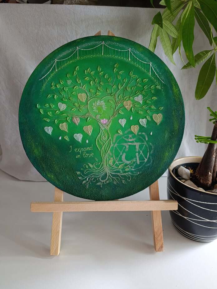 Original 3D Anahata chakra artwork with textured mantra "I Expand in Love"