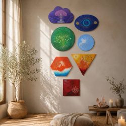 Seven original 3D chakra wall art pieces with textured affirmations and symbolic designs