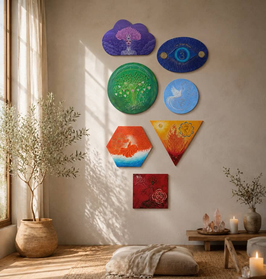 Seven original 3D chakra wall art pieces with textured affirmations and symbolic designs