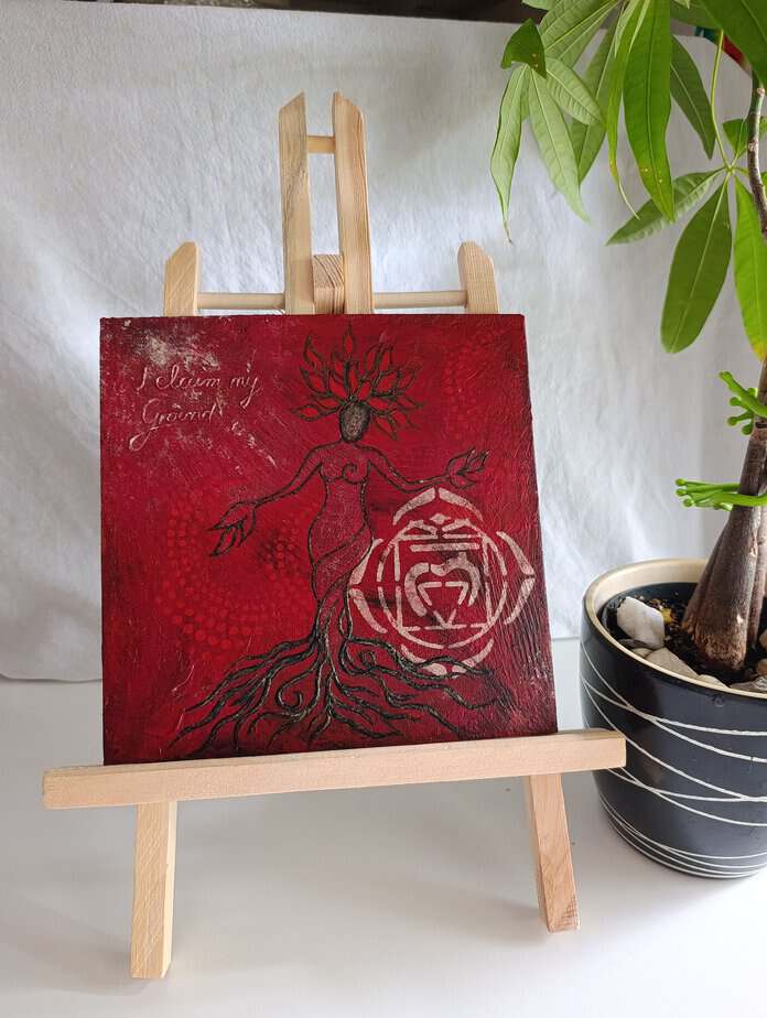 Original 3D Muladhara chakra artwork with textured mantra "I Claim My Ground"