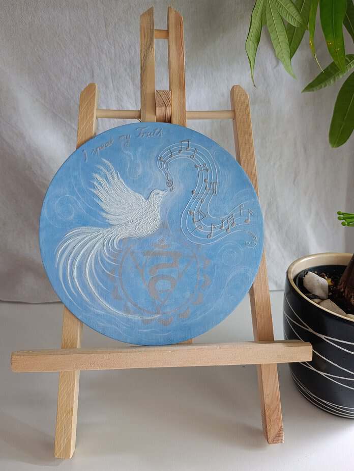 Original 3D Vishuddha chakra artwork with textured mantra "I Speak My Truth"